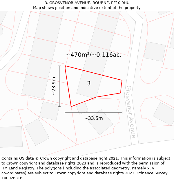 3, GROSVENOR AVENUE, BOURNE, PE10 9HU: Plot and title map