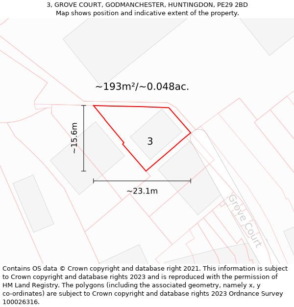 3, GROVE COURT, GODMANCHESTER, HUNTINGDON, PE29 2BD: Plot and title map