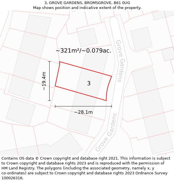 3, GROVE GARDENS, BROMSGROVE, B61 0UG: Plot and title map