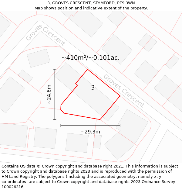 3, GROVES CRESCENT, STAMFORD, PE9 3WN: Plot and title map