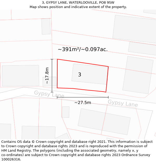 3, GYPSY LANE, WATERLOOVILLE, PO8 9SW: Plot and title map