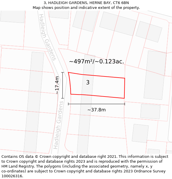 3, HADLEIGH GARDENS, HERNE BAY, CT6 6BN: Plot and title map