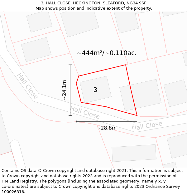 3, HALL CLOSE, HECKINGTON, SLEAFORD, NG34 9SF: Plot and title map