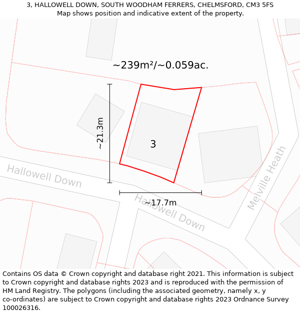 3, HALLOWELL DOWN, SOUTH WOODHAM FERRERS, CHELMSFORD, CM3 5FS: Plot and title map