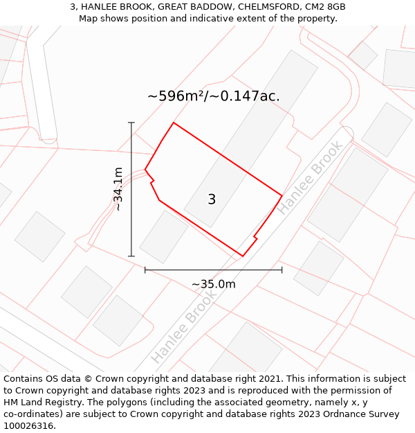 3, HANLEE BROOK, GREAT BADDOW, CHELMSFORD, CM2 8GB: Plot and title map