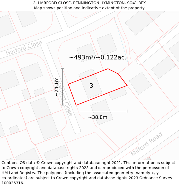 3, HARFORD CLOSE, PENNINGTON, LYMINGTON, SO41 8EX: Plot and title map