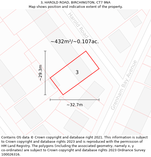 3, HAROLD ROAD, BIRCHINGTON, CT7 9NA: Plot and title map