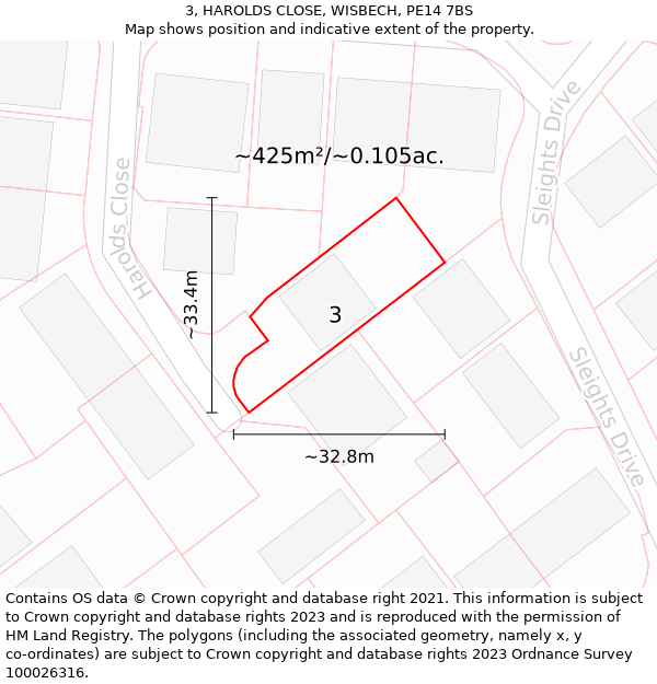 3, HAROLDS CLOSE, WISBECH, PE14 7BS: Plot and title map