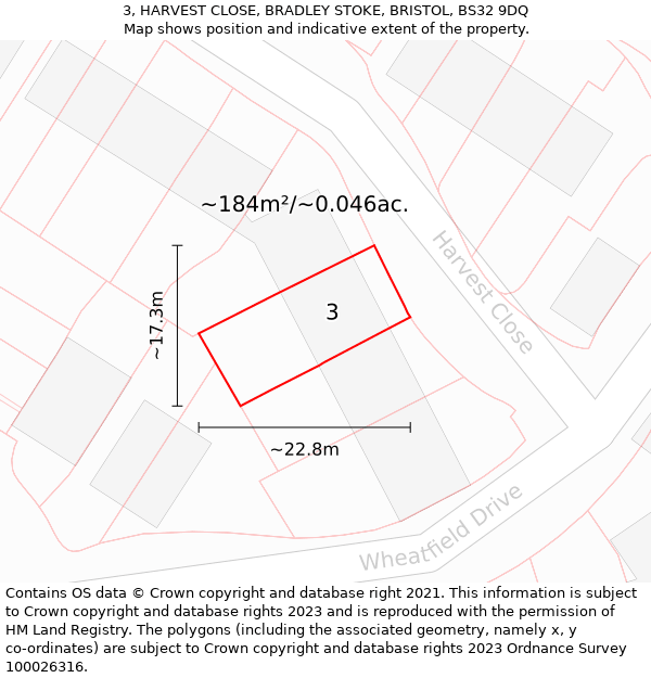 3, HARVEST CLOSE, BRADLEY STOKE, BRISTOL, BS32 9DQ: Plot and title map