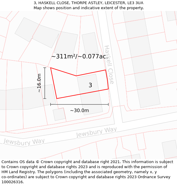 3, HASKELL CLOSE, THORPE ASTLEY, LEICESTER, LE3 3UA: Plot and title map