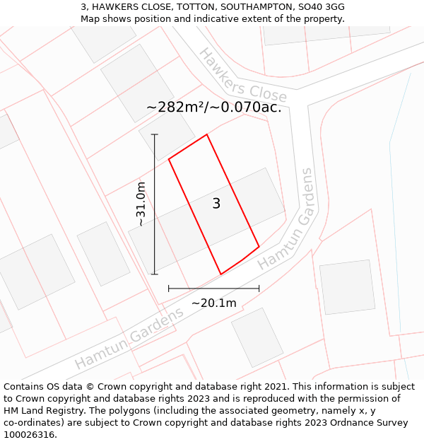 3, HAWKERS CLOSE, TOTTON, SOUTHAMPTON, SO40 3GG: Plot and title map