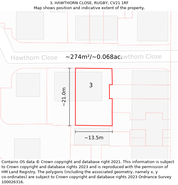 3, HAWTHORN CLOSE, RUGBY, CV21 1RF: Plot and title map