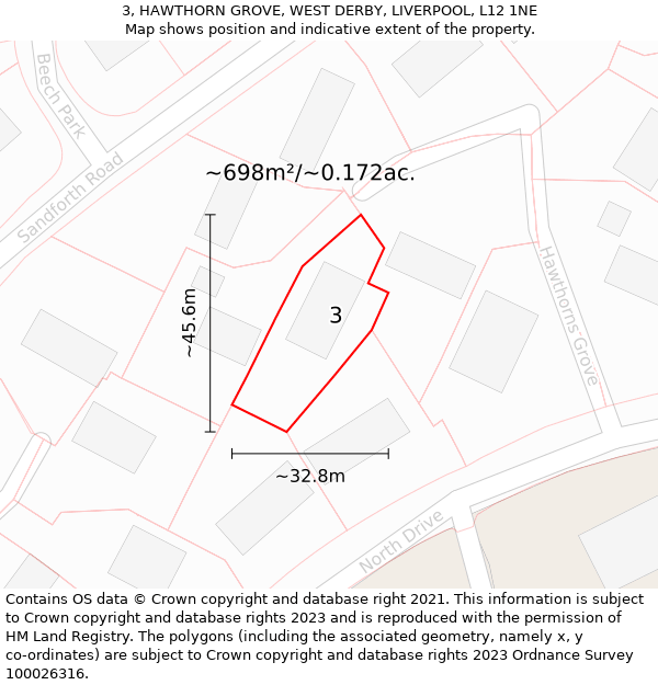 3, HAWTHORN GROVE, WEST DERBY, LIVERPOOL, L12 1NE: Plot and title map