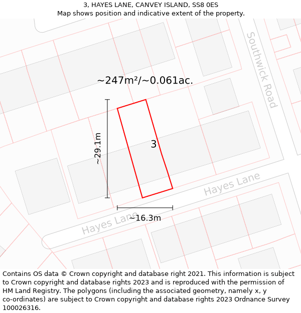 3, HAYES LANE, CANVEY ISLAND, SS8 0ES: Plot and title map