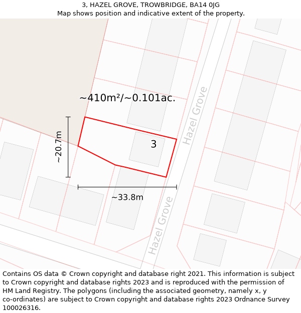 3, HAZEL GROVE, TROWBRIDGE, BA14 0JG: Plot and title map