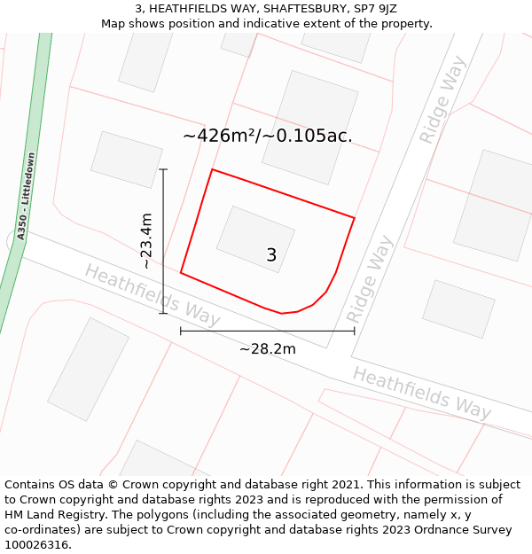 3, HEATHFIELDS WAY, SHAFTESBURY, SP7 9JZ: Plot and title map