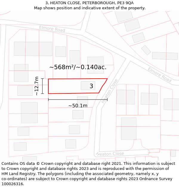 3, HEATON CLOSE, PETERBOROUGH, PE3 9QA: Plot and title map