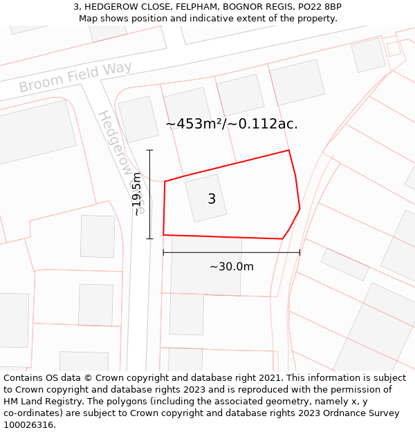 3, HEDGEROW CLOSE, FELPHAM, BOGNOR REGIS, PO22 8BP: Plot and title map