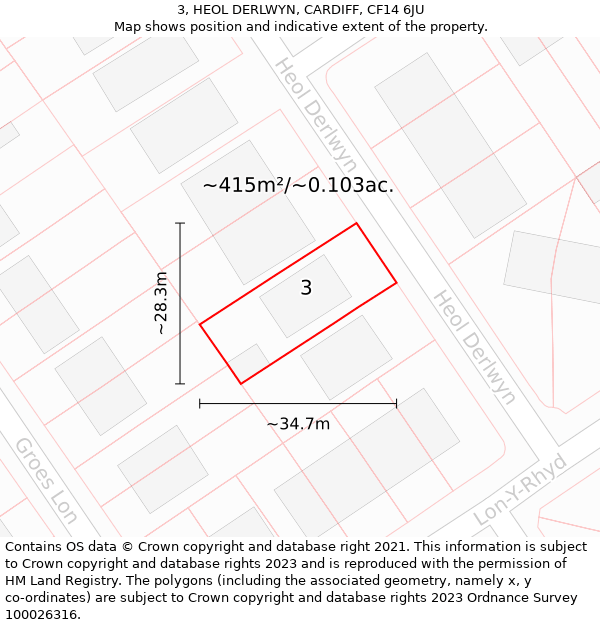 3, HEOL DERLWYN, CARDIFF, CF14 6JU: Plot and title map