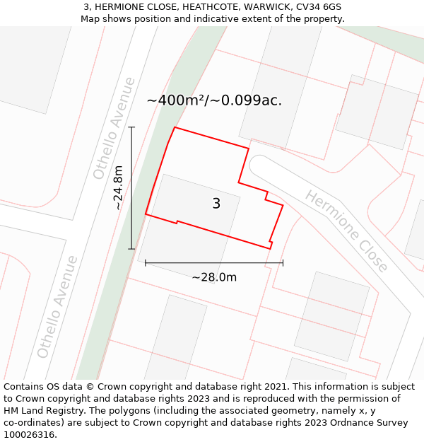 3, HERMIONE CLOSE, HEATHCOTE, WARWICK, CV34 6GS: Plot and title map