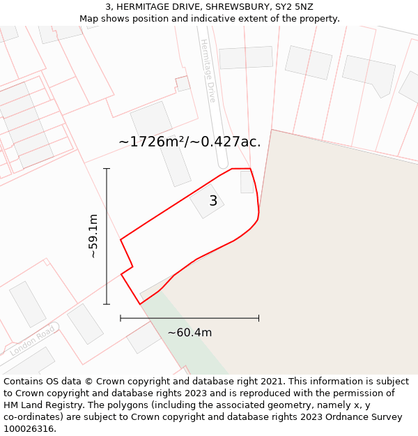 3, HERMITAGE DRIVE, SHREWSBURY, SY2 5NZ: Plot and title map