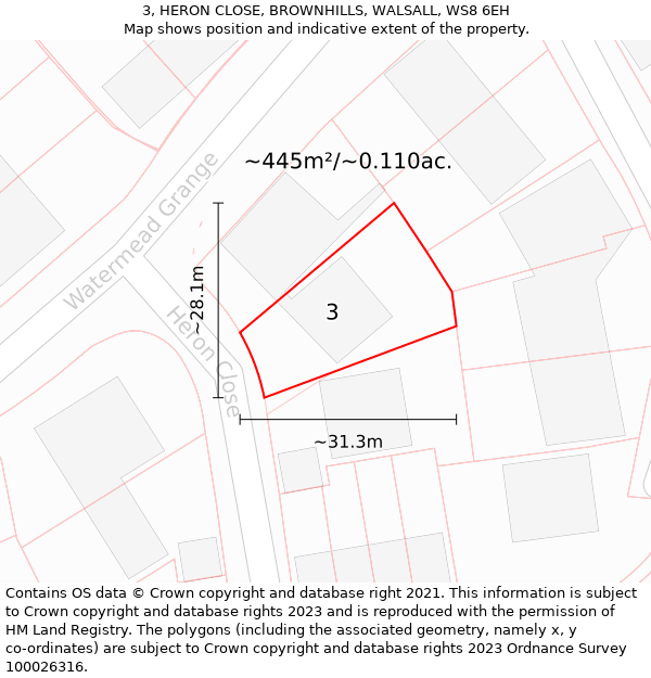 3, HERON CLOSE, BROWNHILLS, WALSALL, WS8 6EH: Plot and title map