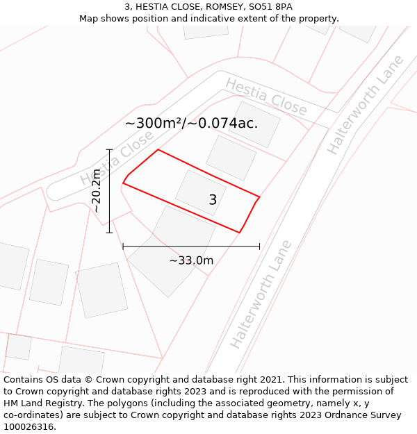 3, HESTIA CLOSE, ROMSEY, SO51 8PA: Plot and title map