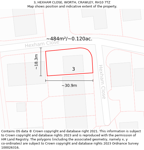 3, HEXHAM CLOSE, WORTH, CRAWLEY, RH10 7TZ: Plot and title map