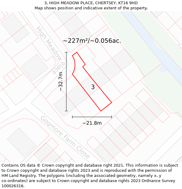 3, HIGH MEADOW PLACE, CHERTSEY, KT16 9HD: Plot and title map