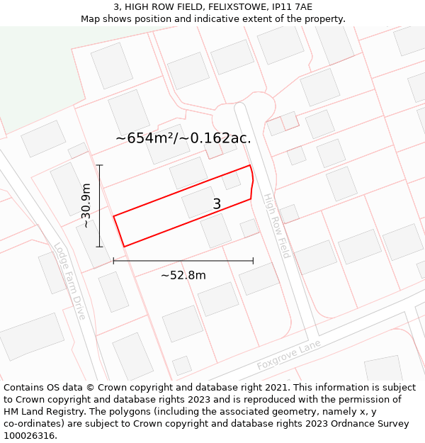 3, HIGH ROW FIELD, FELIXSTOWE, IP11 7AE: Plot and title map