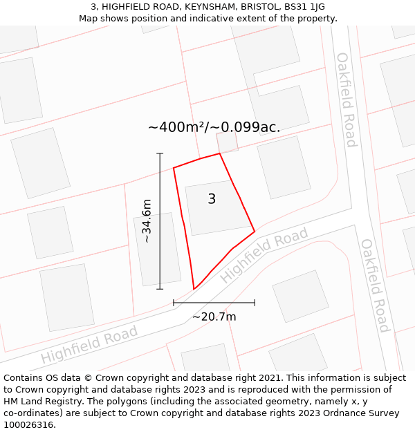 3, HIGHFIELD ROAD, KEYNSHAM, BRISTOL, BS31 1JG: Plot and title map