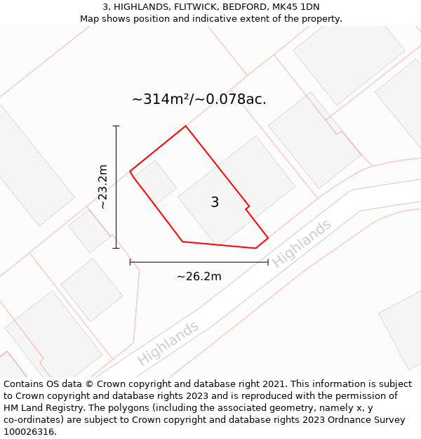 3, HIGHLANDS, FLITWICK, BEDFORD, MK45 1DN: Plot and title map