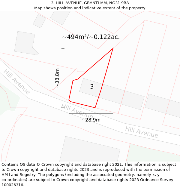 3, HILL AVENUE, GRANTHAM, NG31 9BA: Plot and title map