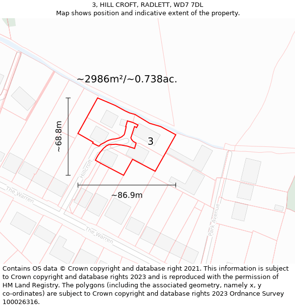 3, HILL CROFT, RADLETT, WD7 7DL: Plot and title map