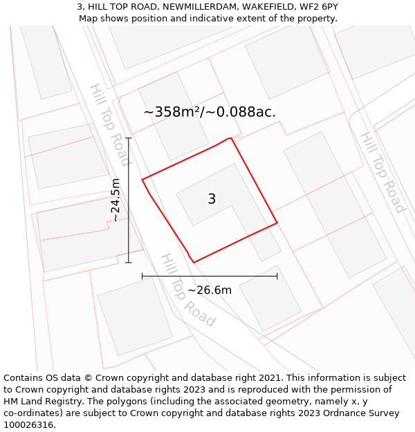 3, HILL TOP ROAD, NEWMILLERDAM, WAKEFIELD, WF2 6PY: Plot and title map