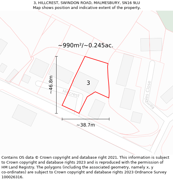 3, HILLCREST, SWINDON ROAD, MALMESBURY, SN16 9LU: Plot and title map