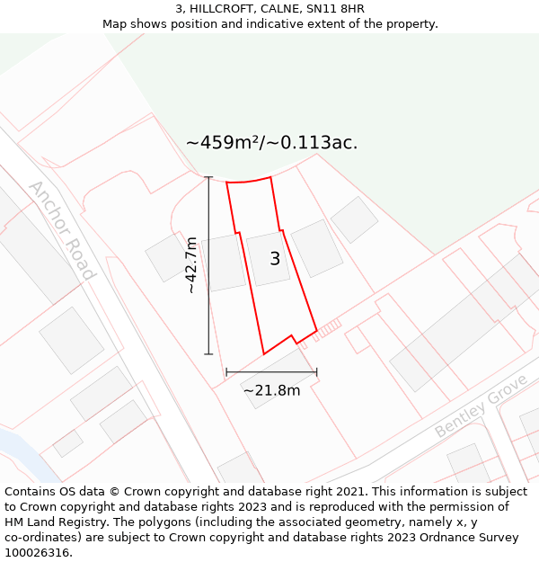 3, HILLCROFT, CALNE, SN11 8HR: Plot and title map