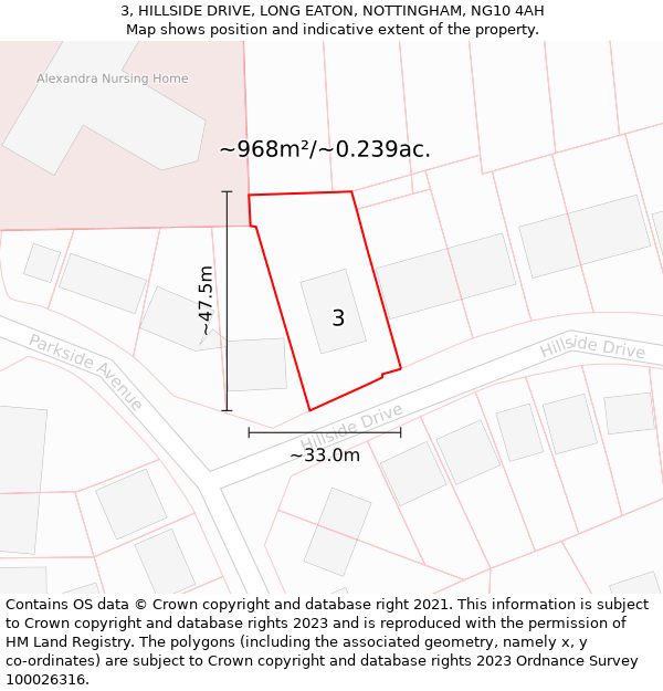 3, HILLSIDE DRIVE, LONG EATON, NOTTINGHAM, NG10 4AH: Plot and title map