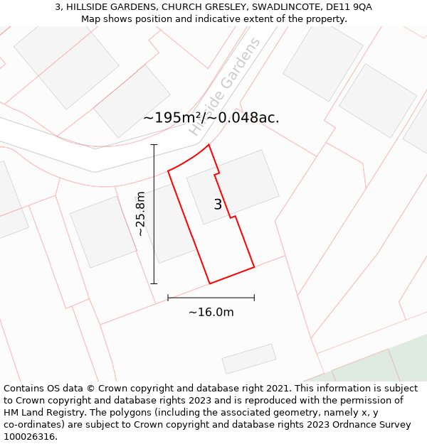 3, HILLSIDE GARDENS, CHURCH GRESLEY, SWADLINCOTE, DE11 9QA: Plot and title map