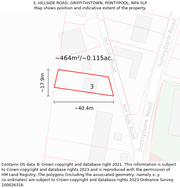 3, HILLSIDE ROAD, GRIFFITHSTOWN, PONTYPOOL, NP4 5LP: Plot and title map