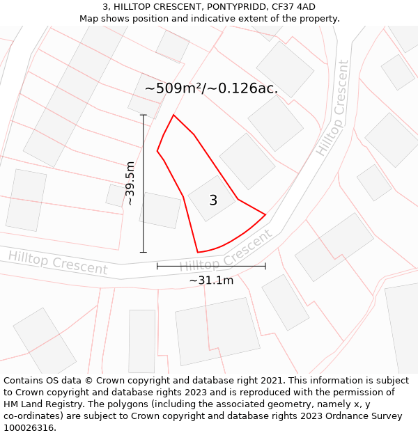 3, HILLTOP CRESCENT, PONTYPRIDD, CF37 4AD: Plot and title map