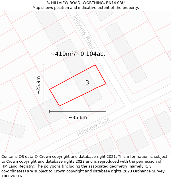 3, HILLVIEW ROAD, WORTHING, BN14 0BU: Plot and title map