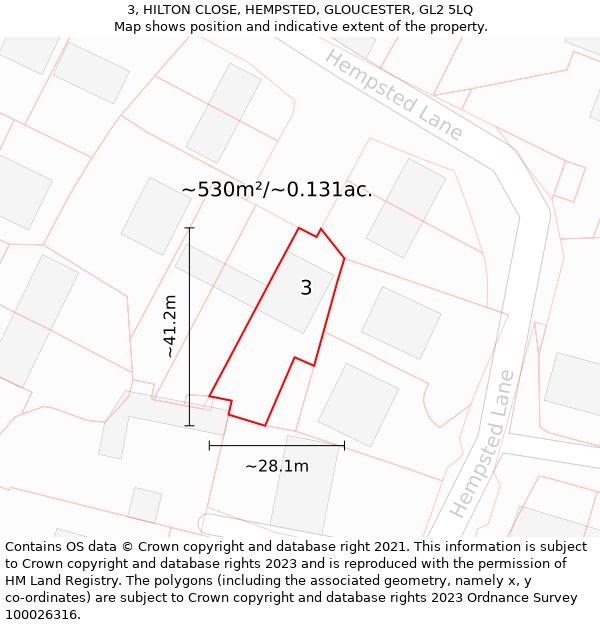 3, HILTON CLOSE, HEMPSTED, GLOUCESTER, GL2 5LQ: Plot and title map