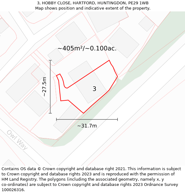 3, HOBBY CLOSE, HARTFORD, HUNTINGDON, PE29 1WB: Plot and title map