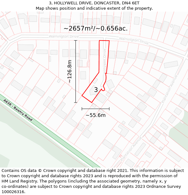 3, HOLLYWELL DRIVE, DONCASTER, DN4 6ET: Plot and title map