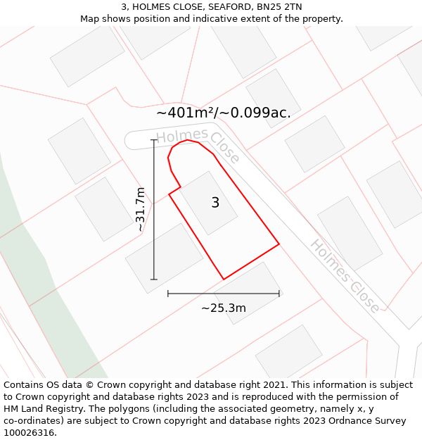 3, HOLMES CLOSE, SEAFORD, BN25 2TN: Plot and title map