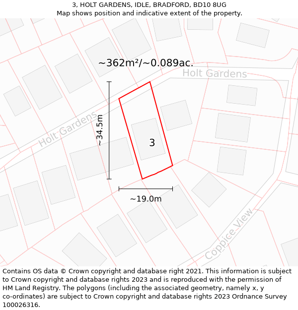 3, HOLT GARDENS, IDLE, BRADFORD, BD10 8UG: Plot and title map