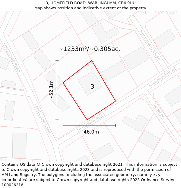 3, HOMEFIELD ROAD, WARLINGHAM, CR6 9HU: Plot and title map