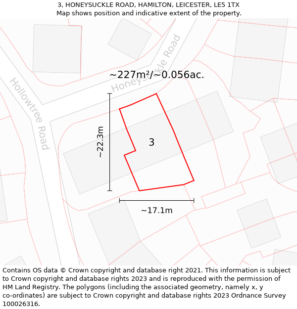 3, HONEYSUCKLE ROAD, HAMILTON, LEICESTER, LE5 1TX: Plot and title map