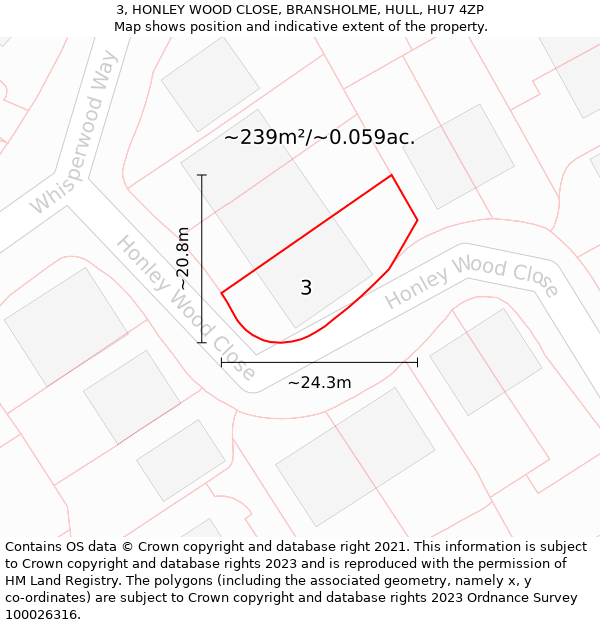 3, HONLEY WOOD CLOSE, BRANSHOLME, HULL, HU7 4ZP: Plot and title map